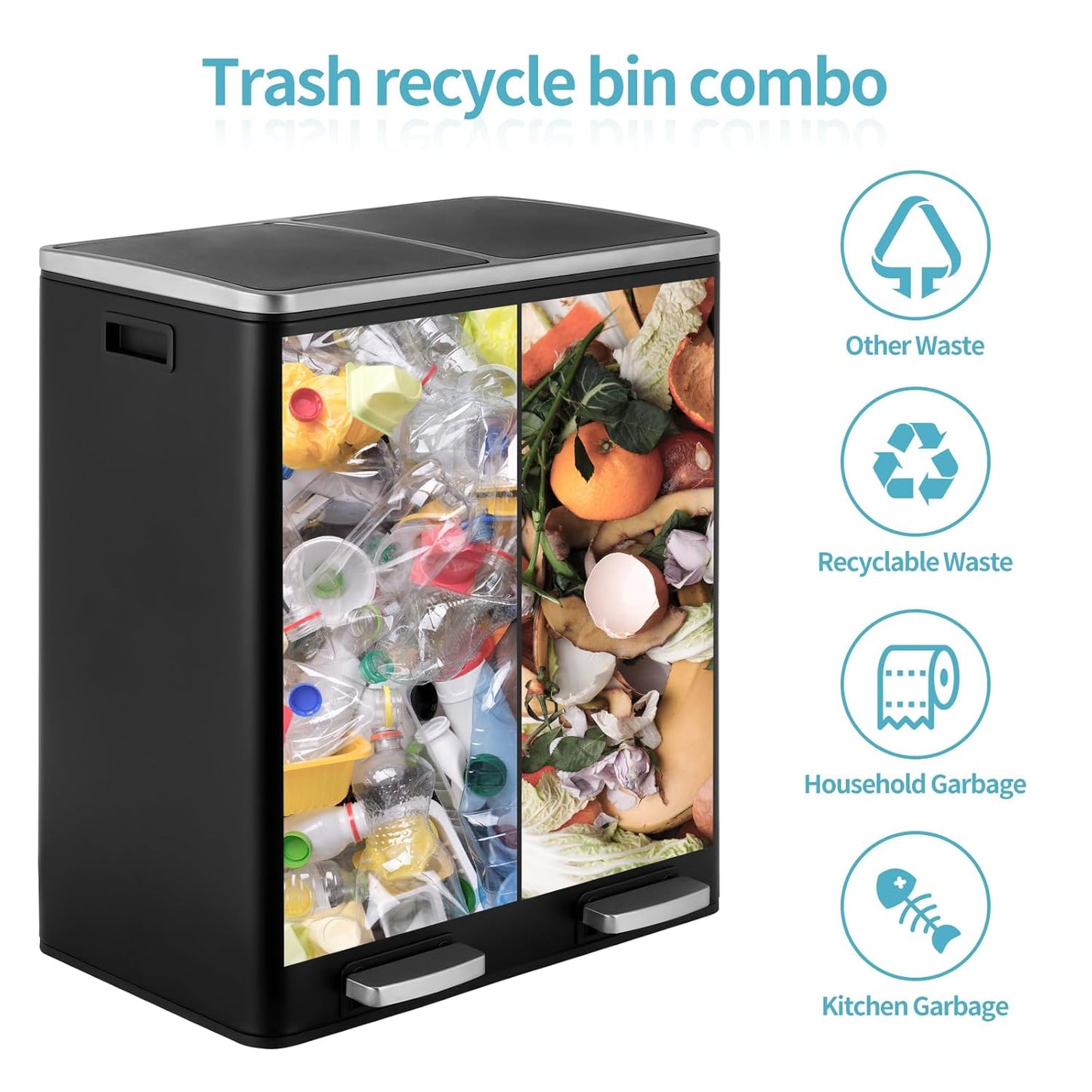 16 Gallon Rectangular Stainless Steel Trash Can, Dual Compartment Garbage Bin with Recycling Combo, Metal Dustbin Lid, Removable Liner, Indoor Hands Free Waste Bucket for Kitchen Home