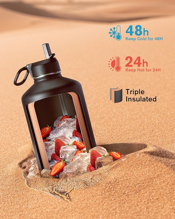 Coolflask 128 oz Gallon Water Bottle Insulated with Straw&3 Lids, Water Jug Large Stainless Steel Metal Vacuum Wide Mouth for Sports, Gym or Office, Non-BPA Keep Cold 48H Hot 24H, Piano Night