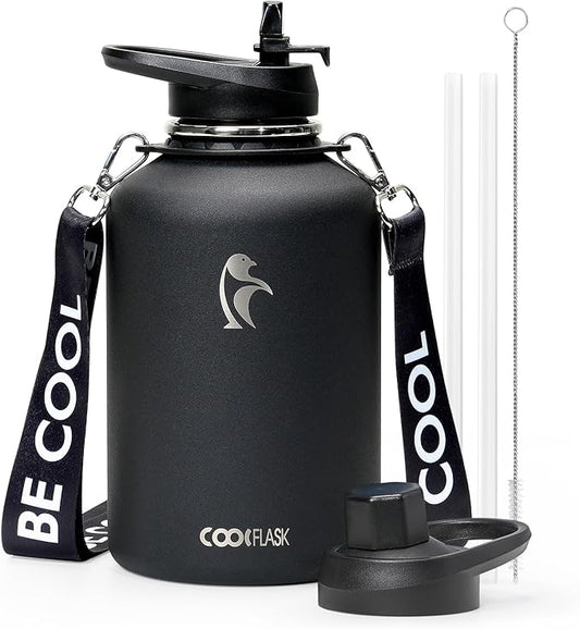 Coolflask 64oz Insulated Water Bottle with Strap, Half Gallon Large Water Jug with Straw & Spout Lids, Double Wall Stainless Steel Metal Flask, Keep Cold 48h Hot 24h, Leak Proof&Non-BPA, Magic Black