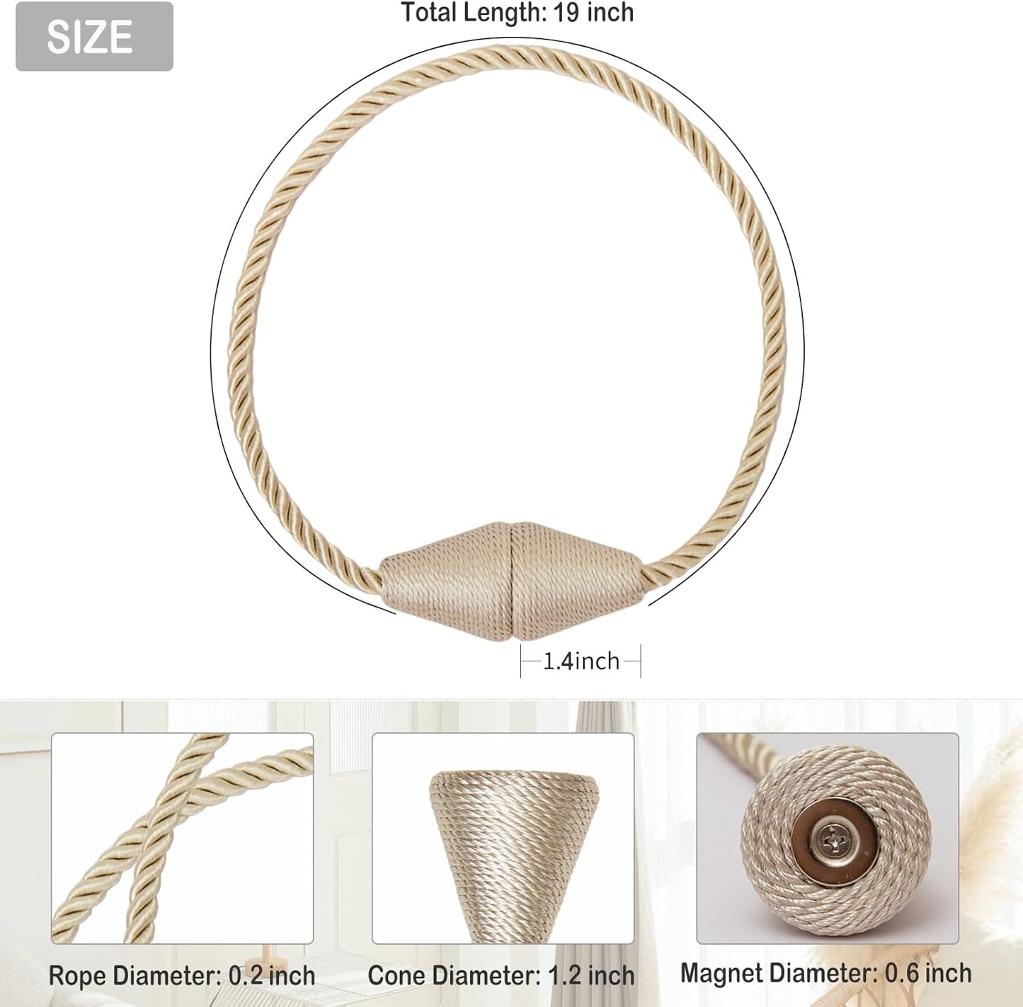 Magnetic Curtain Tiebacks 8 Pack Outdoor Rope Curtain Tie Backs Decorative Window Treatment Holdbacks for Home Decorative Curtain, Beige
