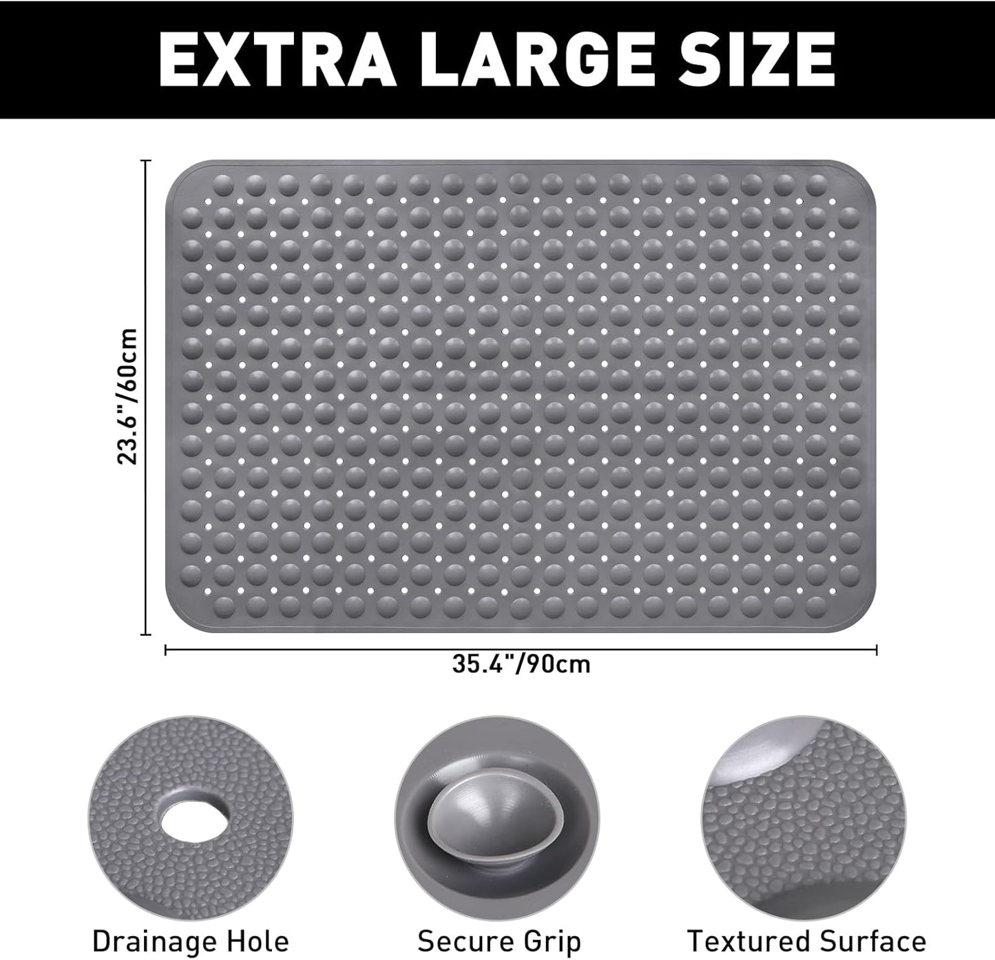 Shower Mat Non Slip: 35.4 x 23.6 Inch Extra Large TPE Shower Mats for Inside Shower - Anti Slip Shower Stall Matt with Drain Hole and Suction Cups for Elderly