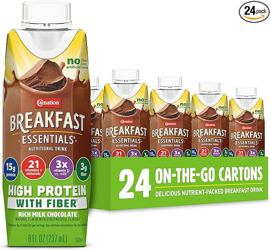 Carnation Breakfast Essentials High Protein with Fiber Ready-to-Drink, 8 FL OZ Carton, Rich Milk Chocolate (Pack of 24)