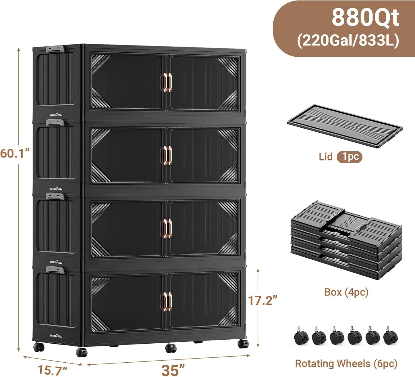 220Gal Plastic Stackable Storage Bins with Lid, 880QT Extra Large Closet Organizers Collapsible Cabinets Boxes With Drawers, Foldable Containers with 6x Wheels for Home Kitchen, V60 4Pack Black