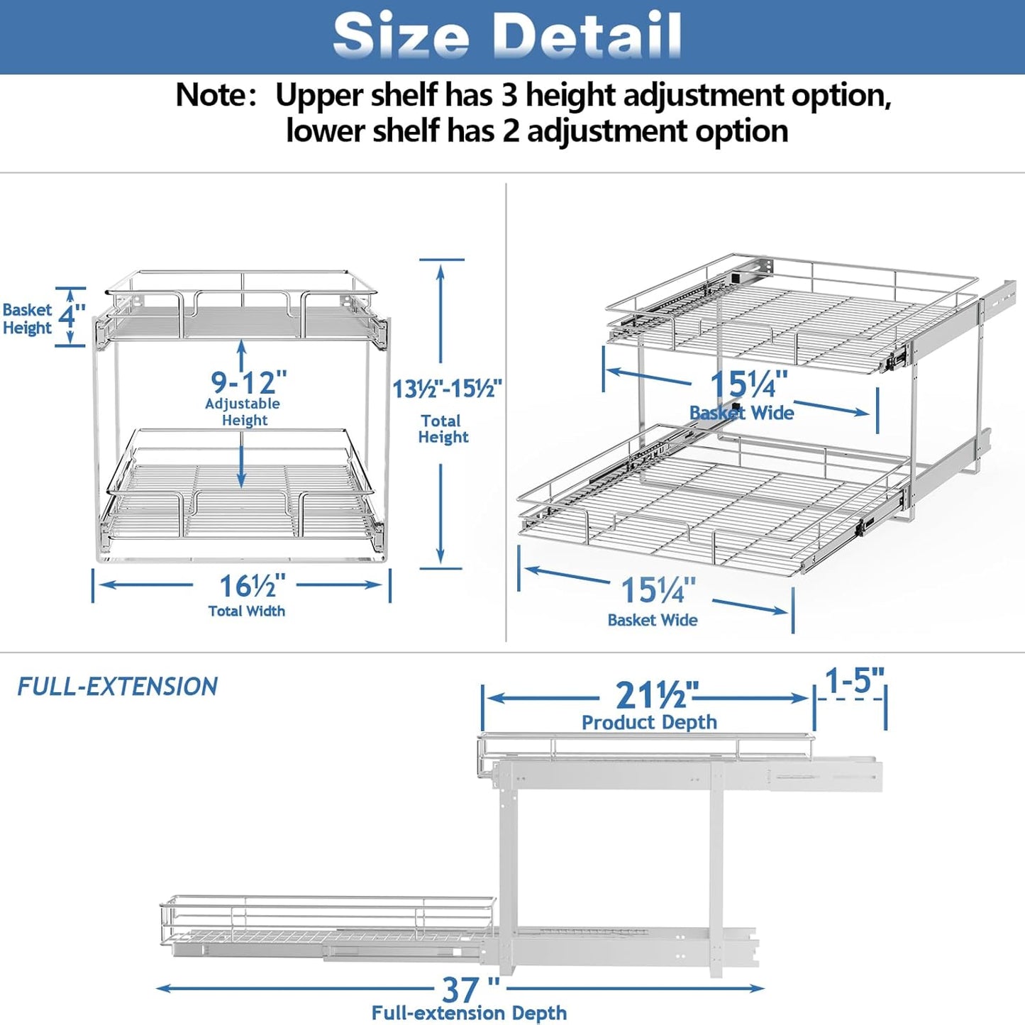 2 Tier Individual Pull Out Cabinet Organizer 16½" W x 21½" D, Heavy Duty Cabinet Pull Out Shelves, Slide Out Drawers Organization for Kitchen Cabinets Bathroom