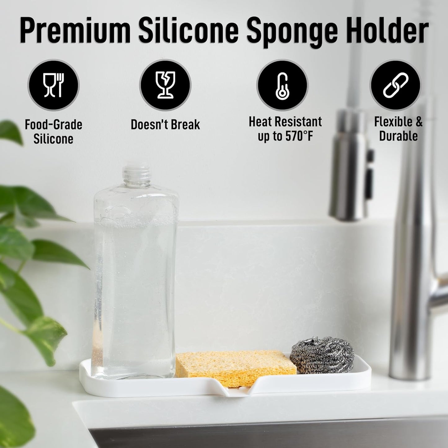 Zulay Kitchen Large Silicone Sponge Holder (12x4) – Flexible Sink Organizer Tray for Kitchen & Bathroom – Multipurpose Soap Dish for Sponges, Makeup, Trinkets & More (White)