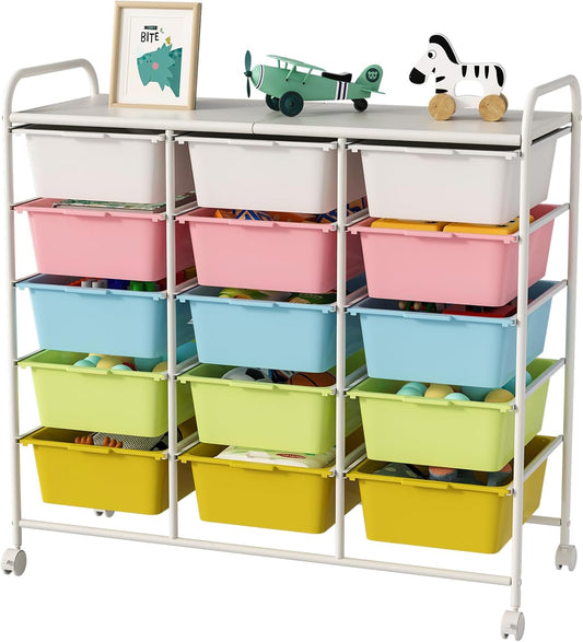 15 Drawers Rolling Cart With Wheels, Plastic Storage Drawer With Metal Frame, Multipurpose Art Craft Organizer, Utility Cart for Home, Office, School, Multicolor