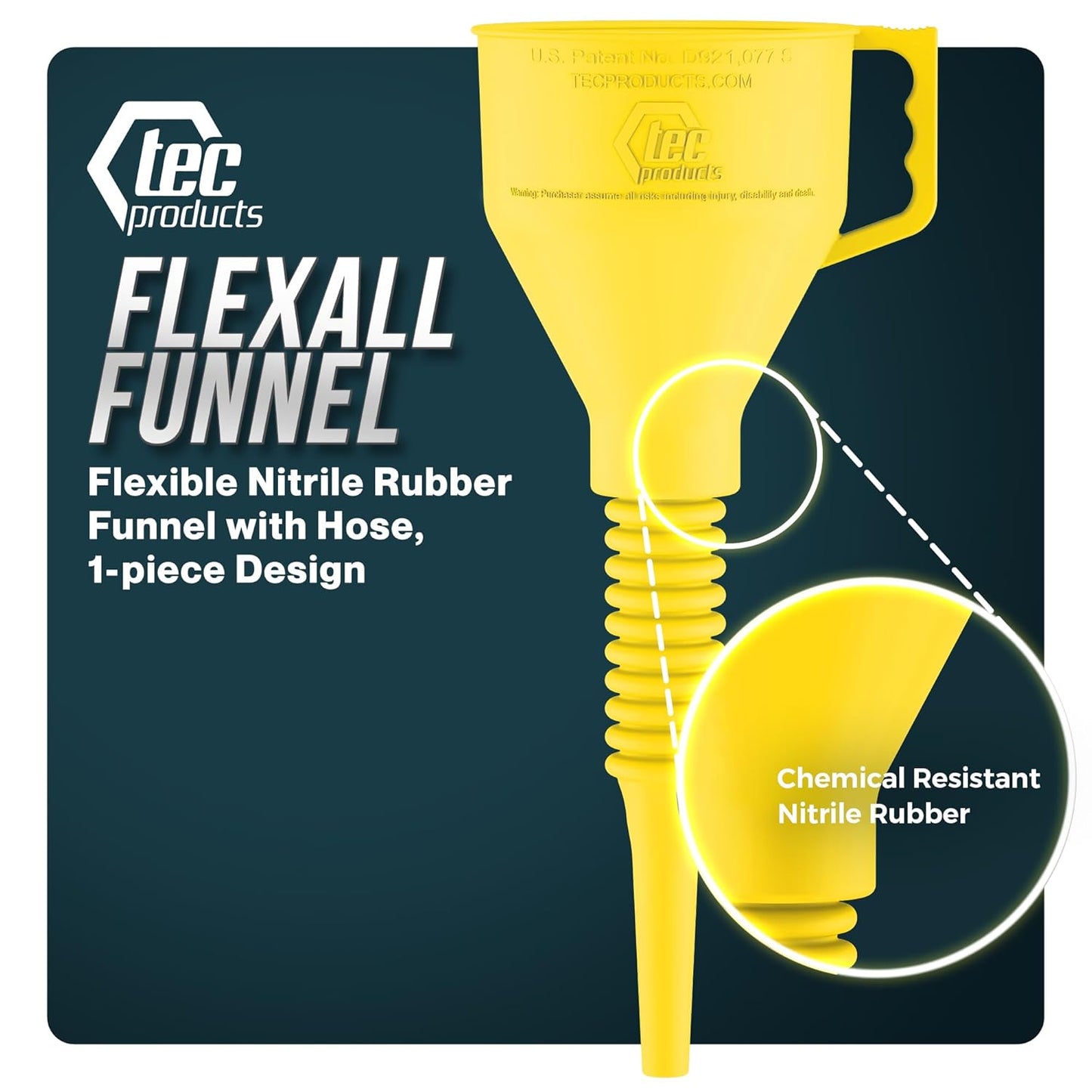 TEC Products FlexAll Long Flexible Funnel for Automotive Use - Durable Nitrile Rubber - Ideal for Car Oil Change, Transmission Funnel Fluid, Diesel, Fuel, Gas - Made in USA - Yellow (12 x 4 Inches)