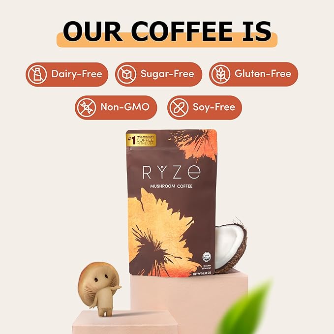 RYZE SUPERFOODS Mushroom Coffee USDA Organic with 6 Adaptogenic Mushrooms and MCT Oil, USA Grown Instant Coffee for Better Energy, Focus, Digestion, Immunity with Lions Mane & Turkey Tail, 30 servings