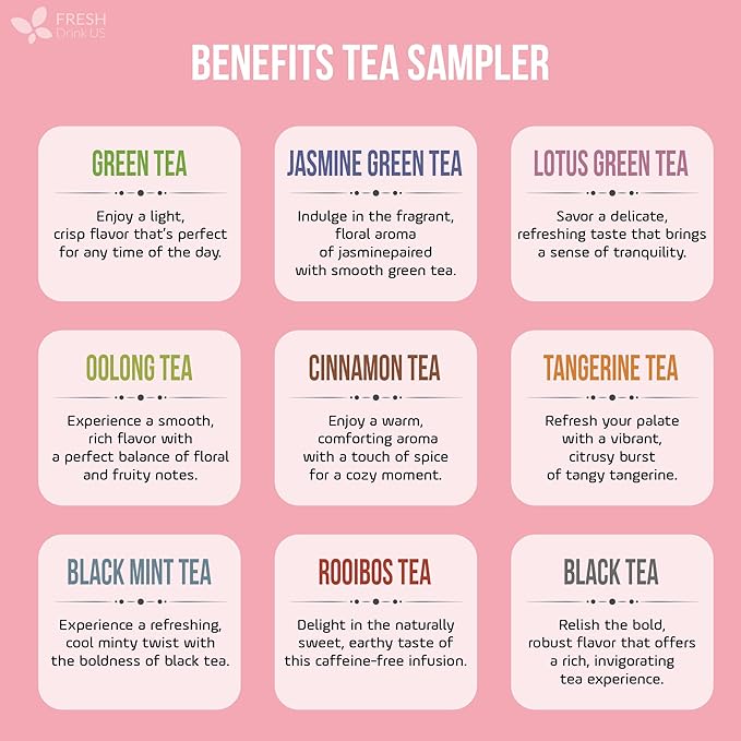FreshDrinkUS, Premium 90 Tea Bags Sampler Assortment, 9 Different Flavors, 100% Natural Ingredients, Perfect and Well Combination Tea Gift for Tea Lovers, Friends and Family. No Additives, No Gluten, No Sugar, Vegan