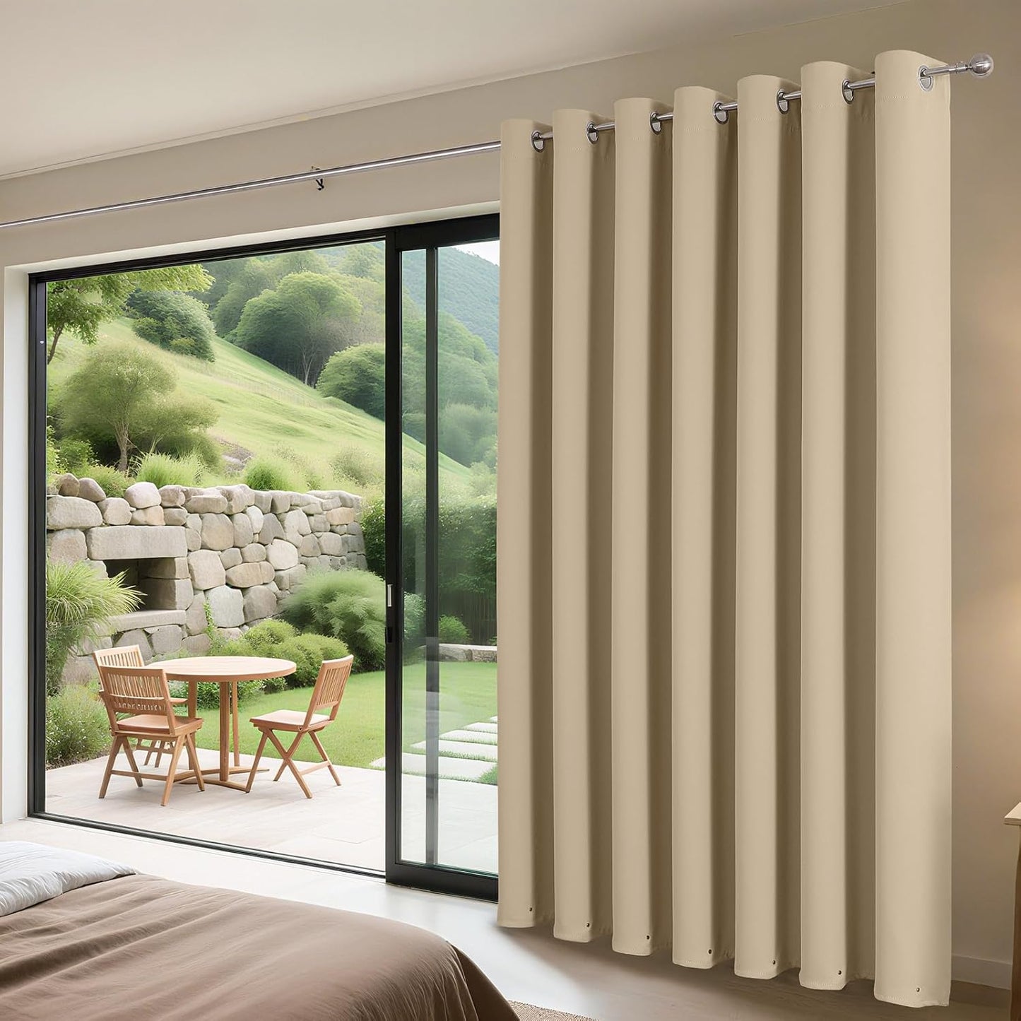 Joydeco Blackout Patio Sliding Door Curtains 96 Inches Long, Grommet Privacy Room Divider Curtains, Extra Wide Thermal Blackout Drapes for Bedroom Living Room (Light Beige, 100Wx96L, 1 Panel)