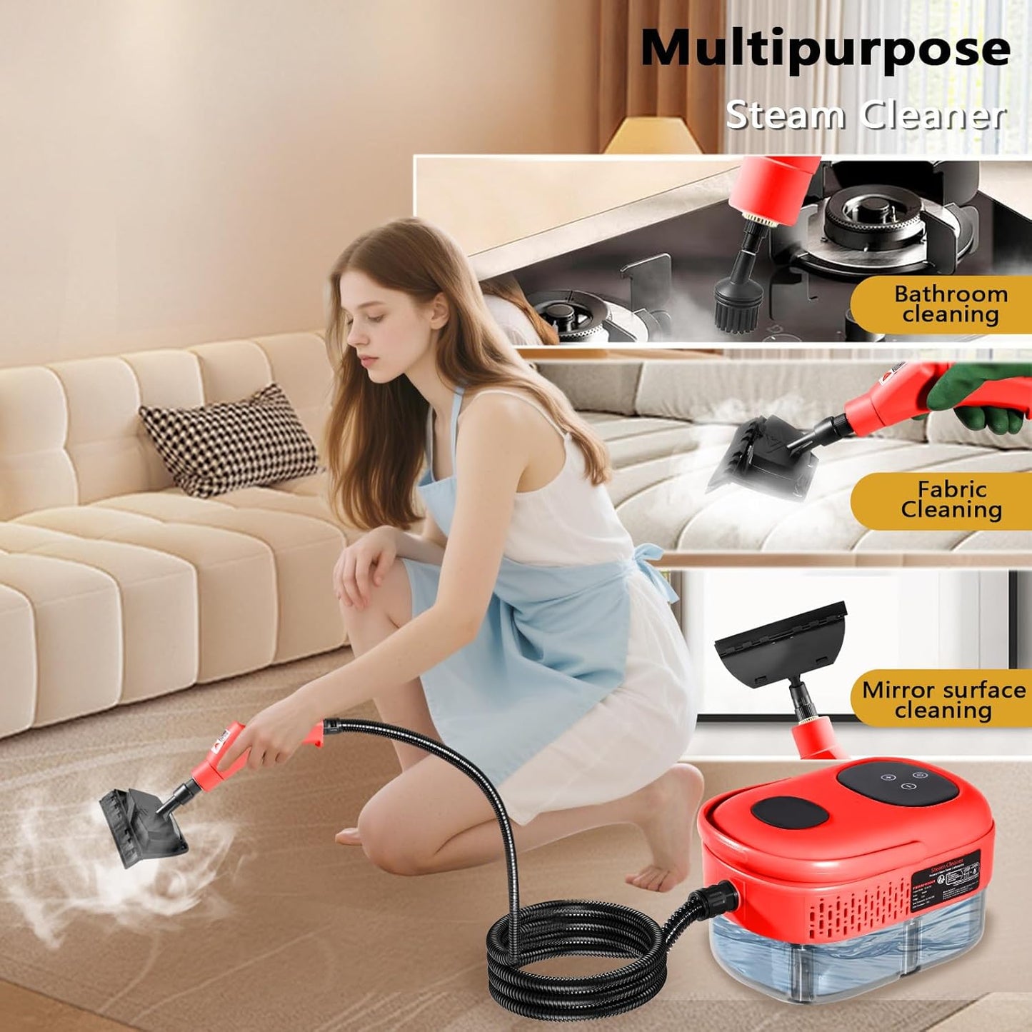 Handheld Steam Cleaner, 1000ml Water Tank, 15S Heat-up Time, Multipurpose Steamer for Home Use, Pressurized Steamer for Cleaning Floor, Upholstery, Grout and Car Red