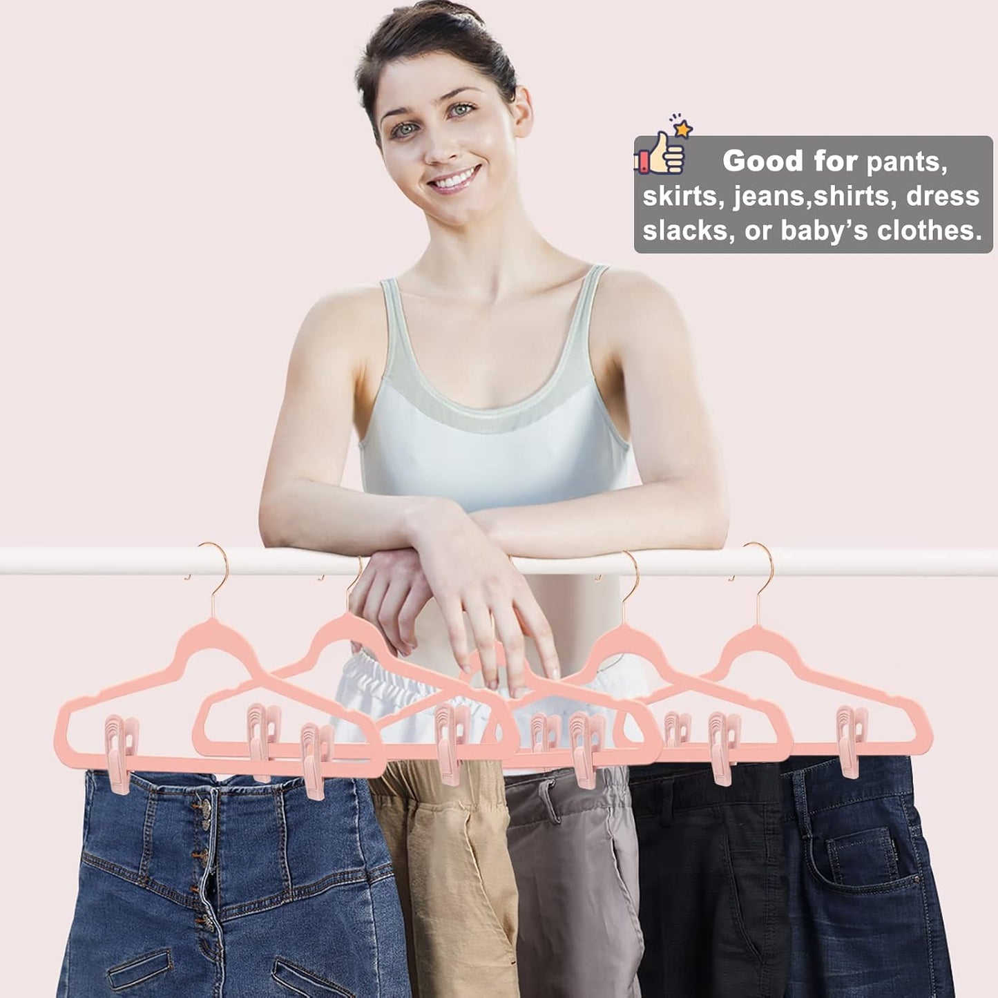 Light Pink Velvet Hanger Clips (60-Pack), Non-Slip Strong Hanger Clips for Velvet, Pants, Skirts & Thin Clothes