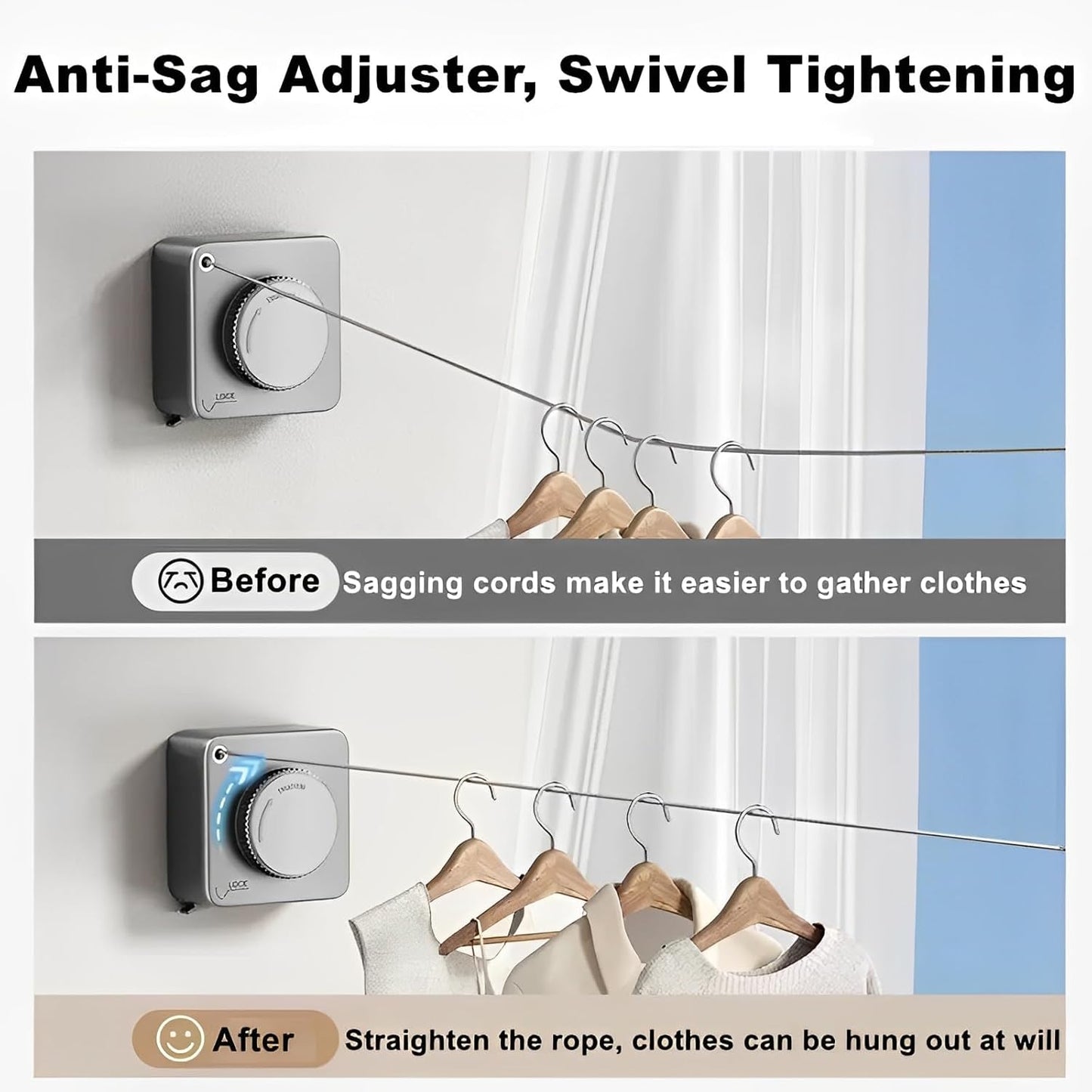 13.8ft(4.2M) Retractable Clothesline, Non-sag Clothesline, Indoor & Outdoor Heavy Duty Retractable Clothesline, Wall Mounted Stainless Steel Washing Line (White)