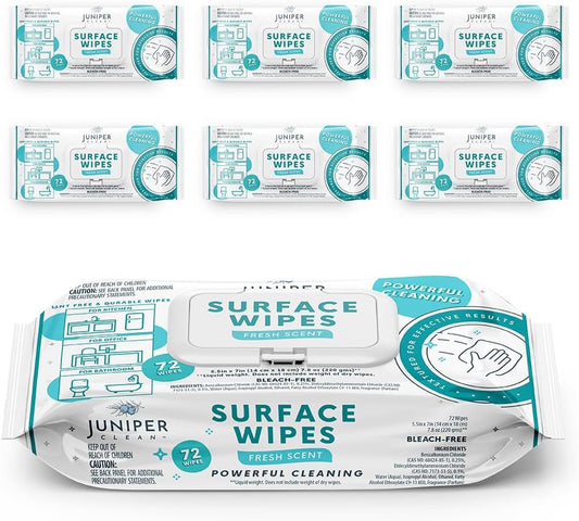 6 Pack Surface Cleaning Wipes Bleach Free, All-Purpose Cleaner for Bathroom, Kitchen, Office, 72 Count Soft Flow, Fresh Scent, Lint Free & Durable