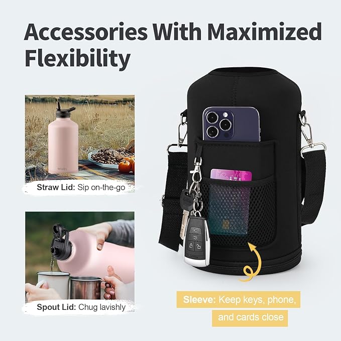 One Gallon Water Bottle Insulated, Triple Wall Vacuum Cold for 48 Hrs & Leak-proof & Non-BPA, 128oz Large Sports Stainless Steel Water Jug with Paracord Handle Straw Spout Lids & DIY Stickers