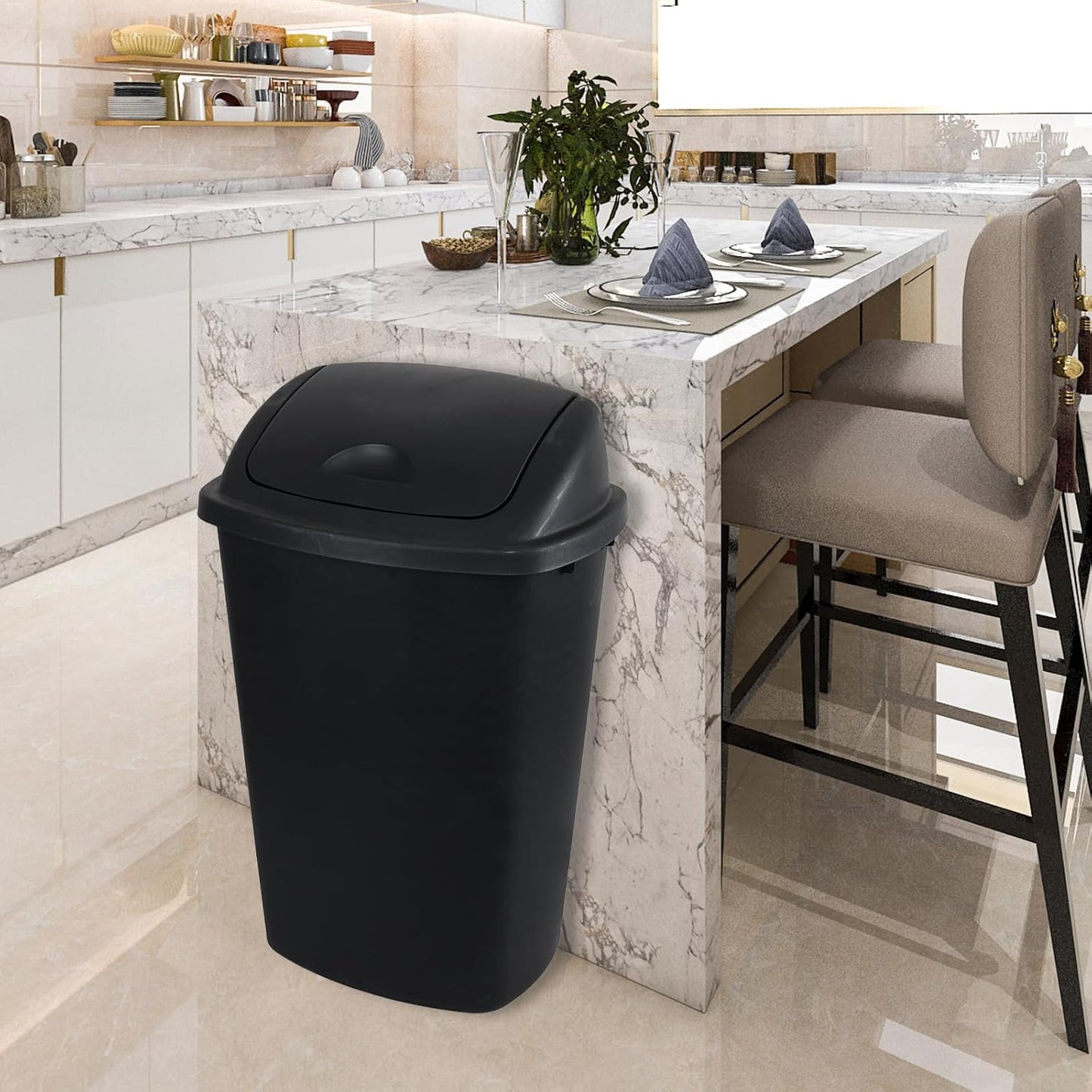 13 Gallon Garbage Can with Swing Lid, Plastic Kitchen Trash Can, 4 Pack, Black