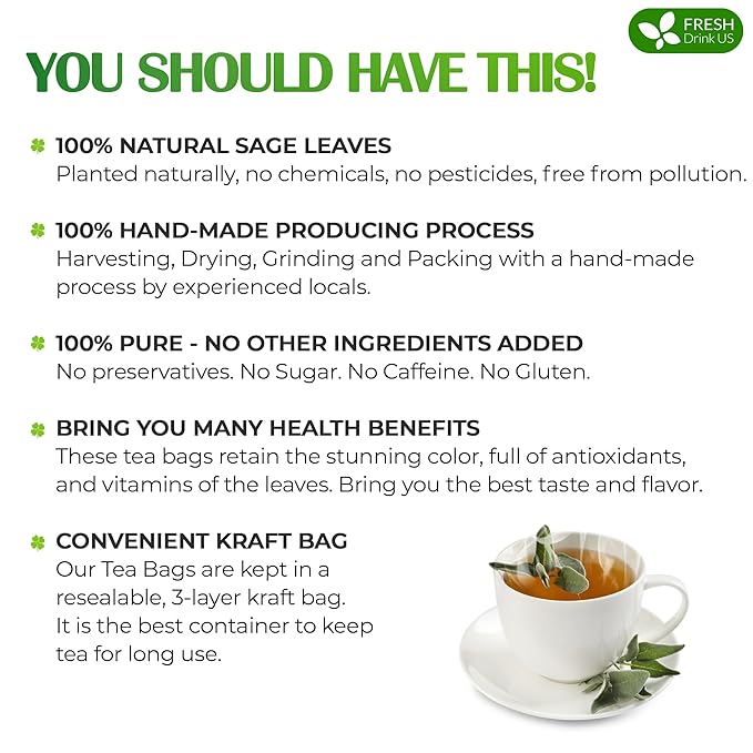 FreshDrinkUS Premium Sage Leaf Tea Bags, 100% Natural & Pure. Loose Leaf Herbal Tea. Made with Natural Material Tea Bags. No Sugar, No Caffeine, No Gluten, Vegan