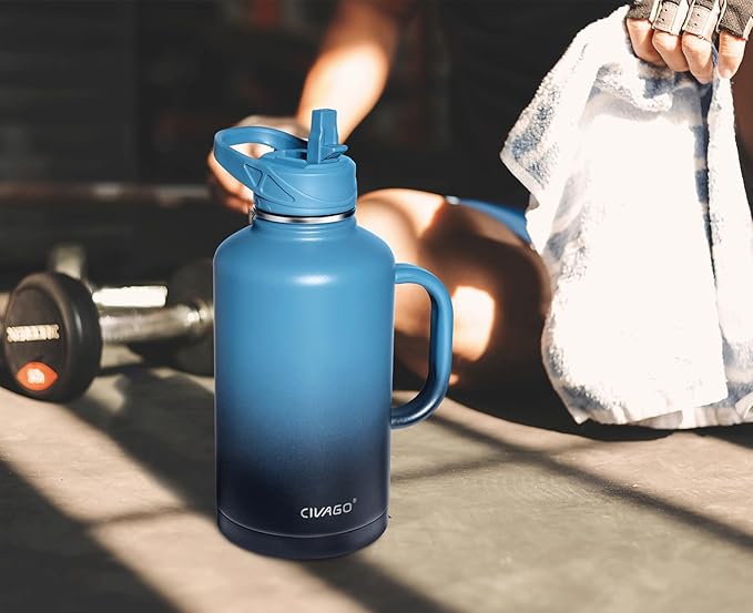 CIVAGO 64 oz Insulated Water Bottle Jug with Straw and Handle, Half Gallon Stainless Steel Water Flask, Large Sports Metal Water Bottle with Straw Lid (3 Lids), Big Thermal Mug Cup, Army Green