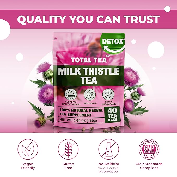 Total Tea 100% Natural Milk Thistle Seeds Tea for Liver Cleanse, Detox, Digestive Health and Immune System Support - 40 Count