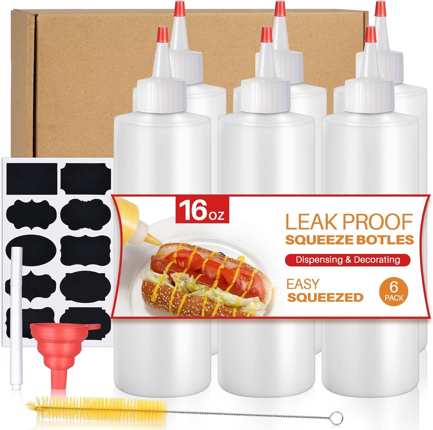 Squeeze Bottles, 16oz Plastic Condiment Squeeze Bottles with Labels & Funnels & Brusher for Liquids Sauces Ketchup Oil, 6 Pack