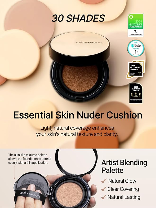 JUNG SAEM MOOL Essential Skin Nuder Cushion 17C Fair Pink 0.49 Fl Oz, No Refill, Natural Radiant Finish Cushion Foundation with Buildable Coverage, Lightweight Texture, Korean Foundation Makeup