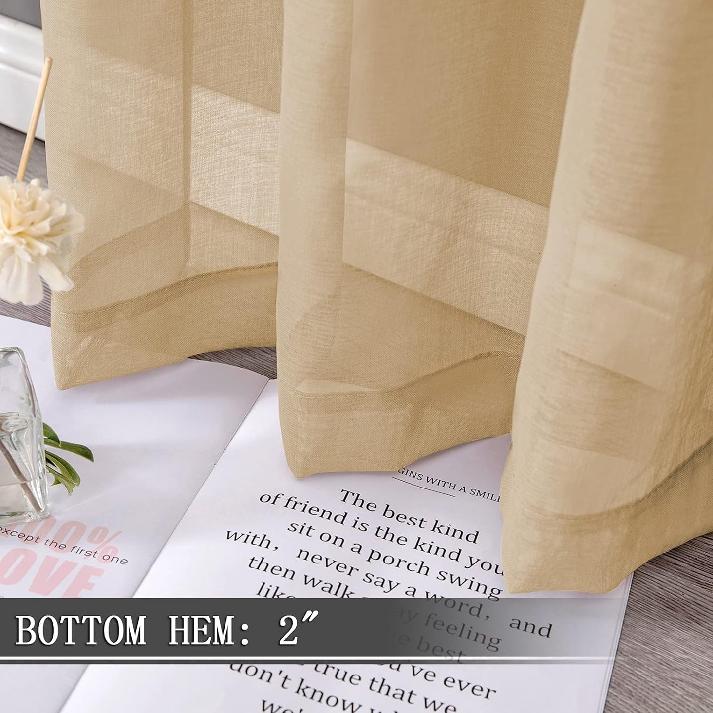 Tollpiz Sheer Curtains Linen Textured Living Room Curtain Sheers Light Filtering Rod Pocket Voile Curtains for Bedroom, 42 x 63 inches Long, Beige, Set of 2 Panels