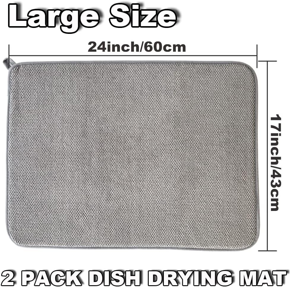 2Pack Large Dish Drying Mat for Kitchen Counter,24 x 17 Inch Microfiber Absorbent Dish Drying Pad,Large Size Dishes Drainer Mats for Countertops,Sinks,Draining Racks(Gray)