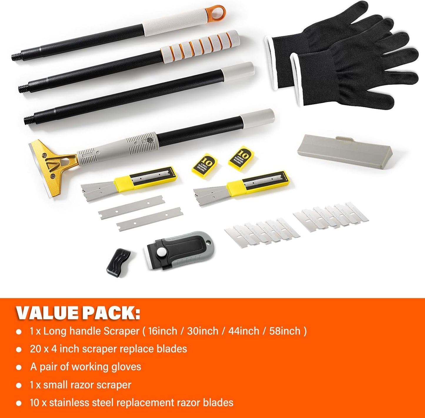 Gomake 4" Wide Razor Blade Scraper Tool with Adjustable 16''-58"(1.3ft -4.8ft) Long Handle, 20PCS Extra Metal Blades, Cleaning Glass Wall Scraper, Painting stripping tools, Tile, Floors, Walls