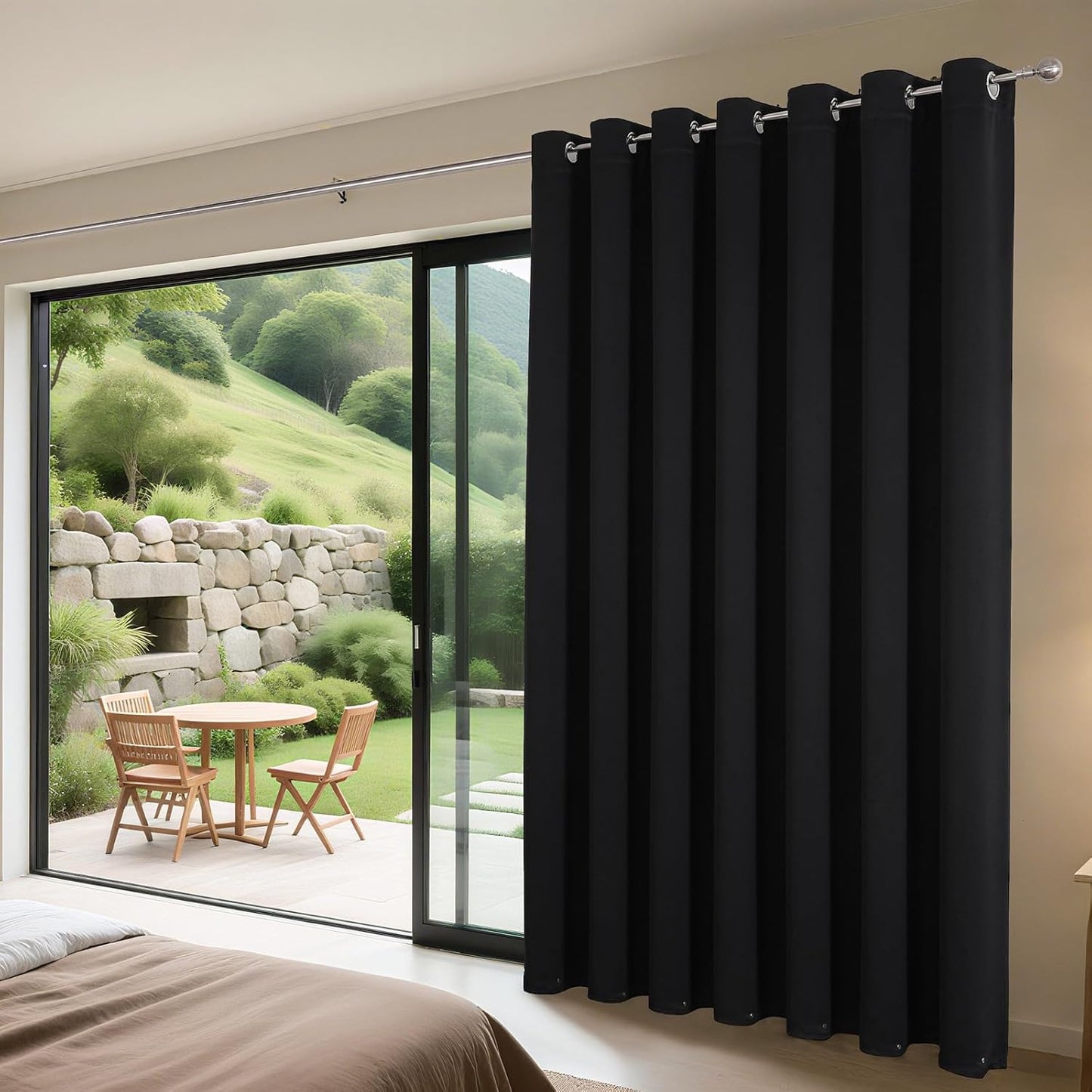 Joydeco Blackout Patio Sliding Door Curtains 108 Inches Long, Grommet Privacy Room Divider Curtains, Extra Wide Thermal Blackout Drapes for Bedroom Living Room (Black, 70Wx108L, 1 Panel)