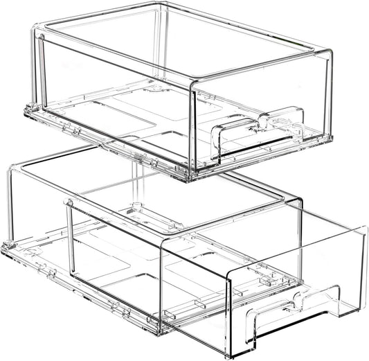 2 Pack Stackable Storage Drawers - Clear Refrigerator Drawers for Refrigerator Organizers and Storage, Acrylic Fridge Drawer Organizer with Handles for Bathroom, Undersink, Cabinet, Pantry, etc