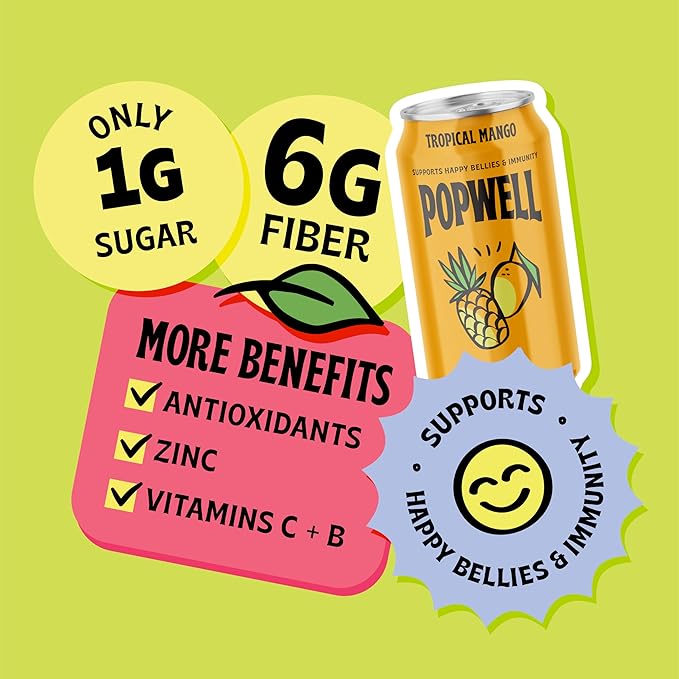 Popwell Tropical Mango Better-For-You Prebiotic Soda, with 6g Fiber, 1g Sugar, Vitamins and Immunity Support, 12 fl oz Cans (pack of 12)