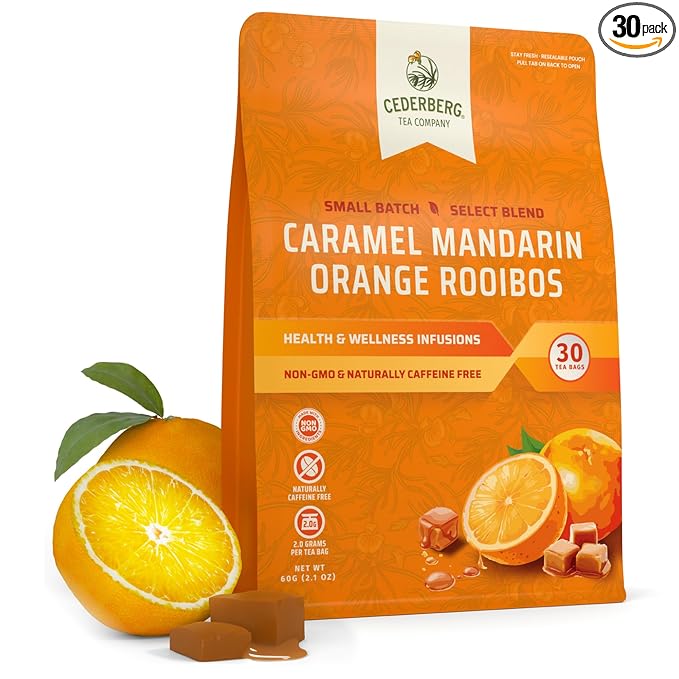 Cederberg Tea Company Caramel Mandarin Orange Rooibos Tea Bags - Made with Organic Red Rooibos Tea, South African Herbal Tea, Naturally Caffeine Free Tea, Small Batch - Select Blend Non-GMO, Premium Leaf, Antioxidant-Rich, 30 Count