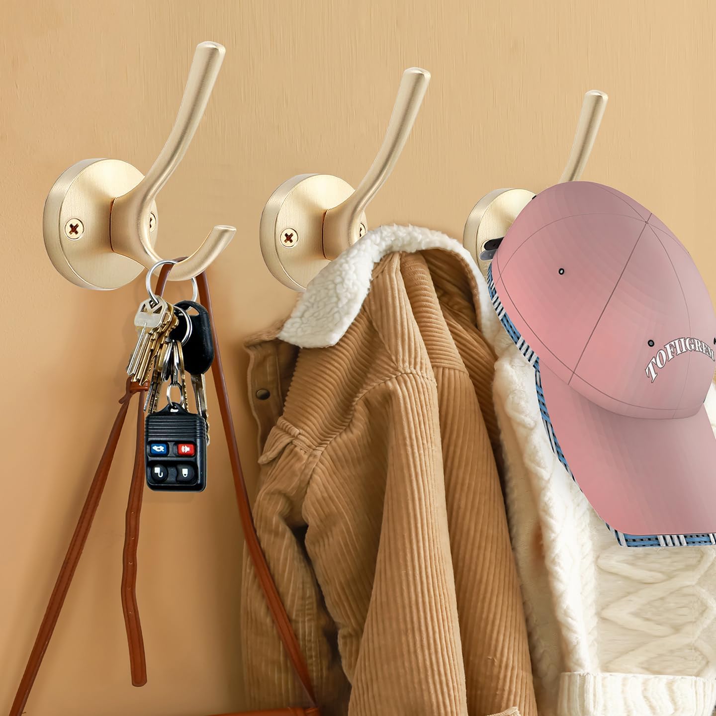 Gold Coat Hooks for Wall, 3 Pack Towel Hook Heavy Duty Metal Double Bath Robe Hook Wall Mount, Hat Hooks for Cubicle Bathroom Kitchen Closet Garage