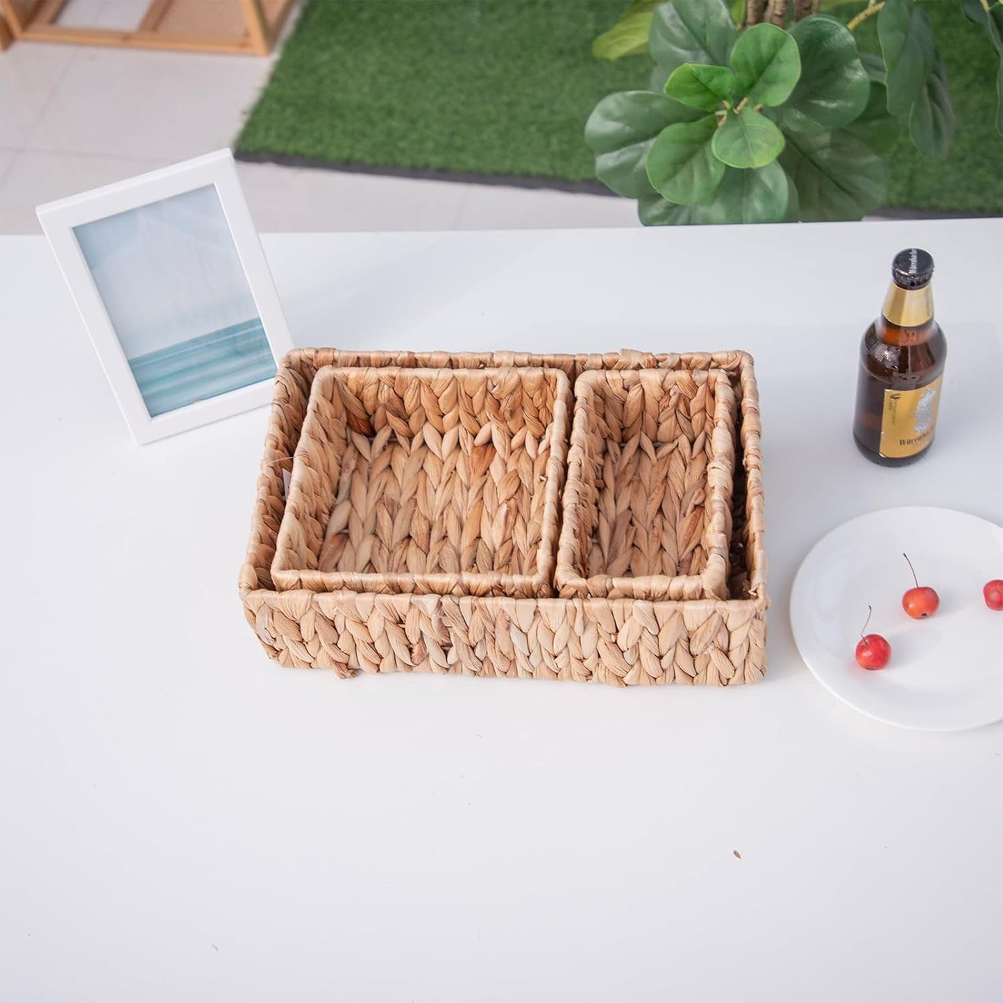 Handwoven Wicker Storage Baskets Set, Natural water hyacinth & Iron Frame | Triple Sizes (Small, Medium, Large) for Home Organizing, Bathroom, Shelves | Woven Baskets for Storage & Decor (Natural)