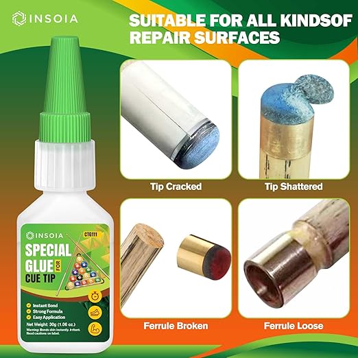 Pool Cue Tip Glue, 30g Clear Billiard Cue Adhesive for Pool Stick Repair & Tip Replacement, Heavy Duty Super Adhesive for Snooker Cue, Pool Cue Accessories - No Tip Clamp Needed