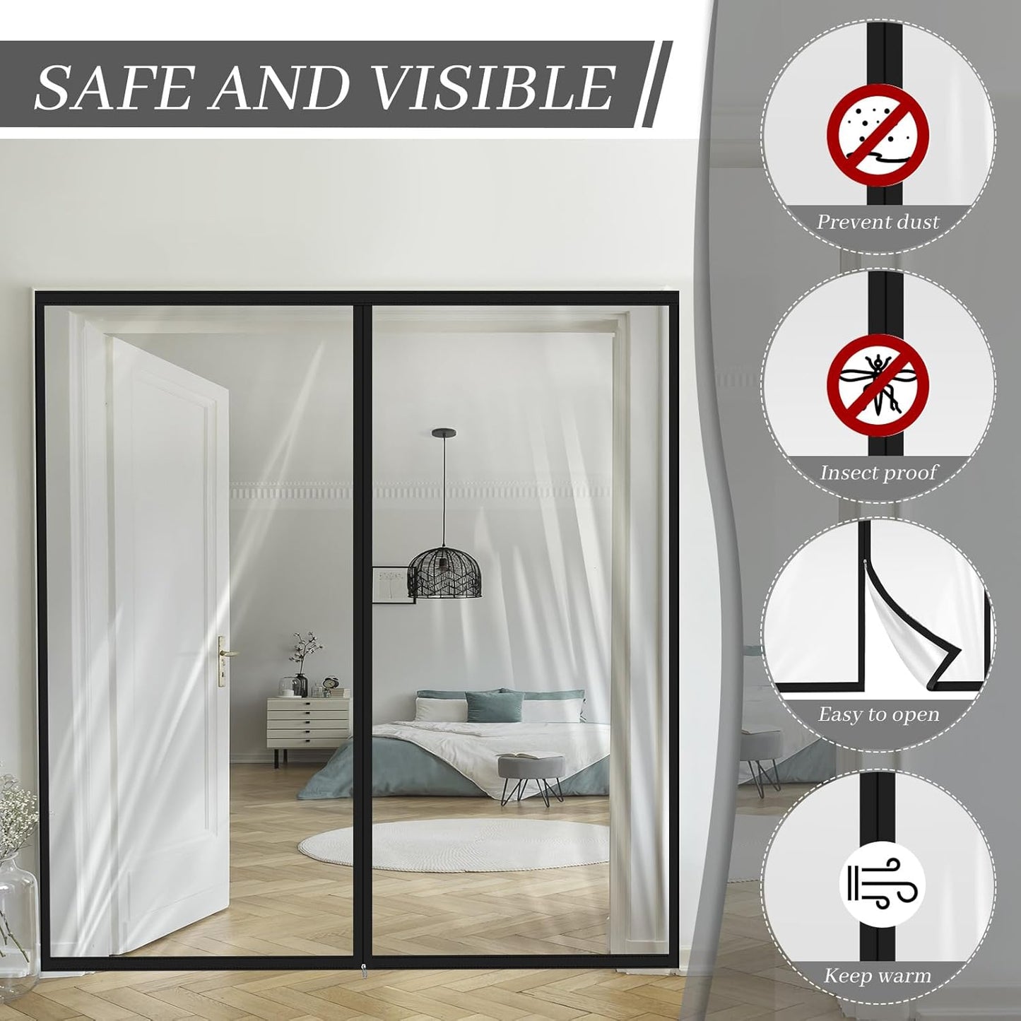 Amylove Zipper 72 x 80 Inch Dust Barrier Door Kit Construction Door Barrier 6 x 6.7 ft Reusable Plastic Curtain Cover Containment Standard Doorway Temporary Wall Screen Sheeting for Bathroom Hallway