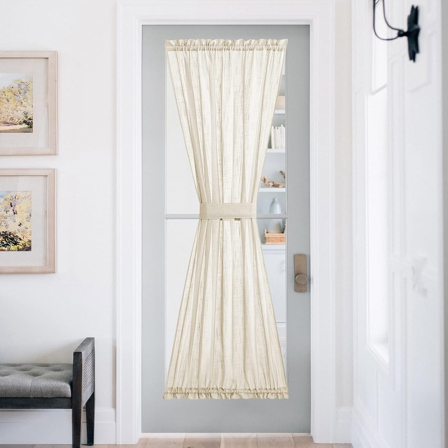 NICETOWN Privacy Door Curtain - Linen Textured French Front Door Curtain Semi Sheer Panel Tieback for Kitchen (52 inches W x 72 inches L, Beige, 1 Panel)