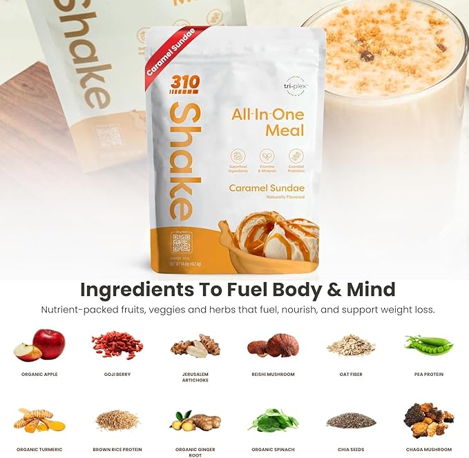 310 Nutrition Organic All-In-One Meal Replacement Shake Powder - Plant-Based Protein Smoothie Blend w/Fiber, Probiotics & Adaptogens - Low Carb, Vegan, Keto & Paleo - Caramel - 14 Servings