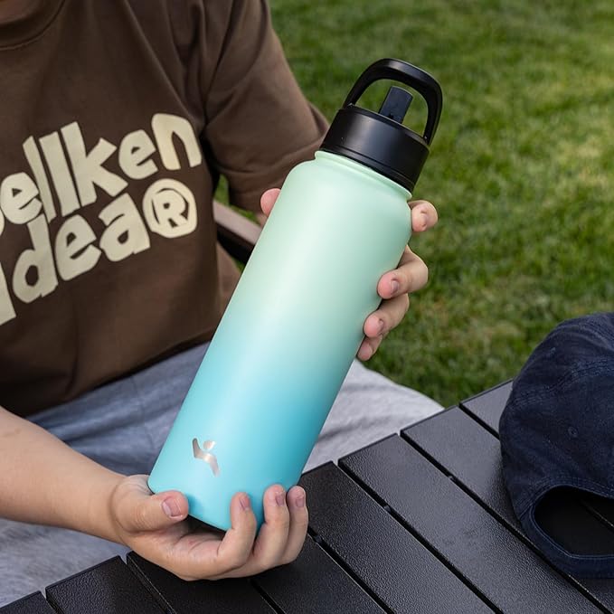 32 oz Insulated Water Bottle Stainless Steel Sport Bottles with 3 Lids,Mint