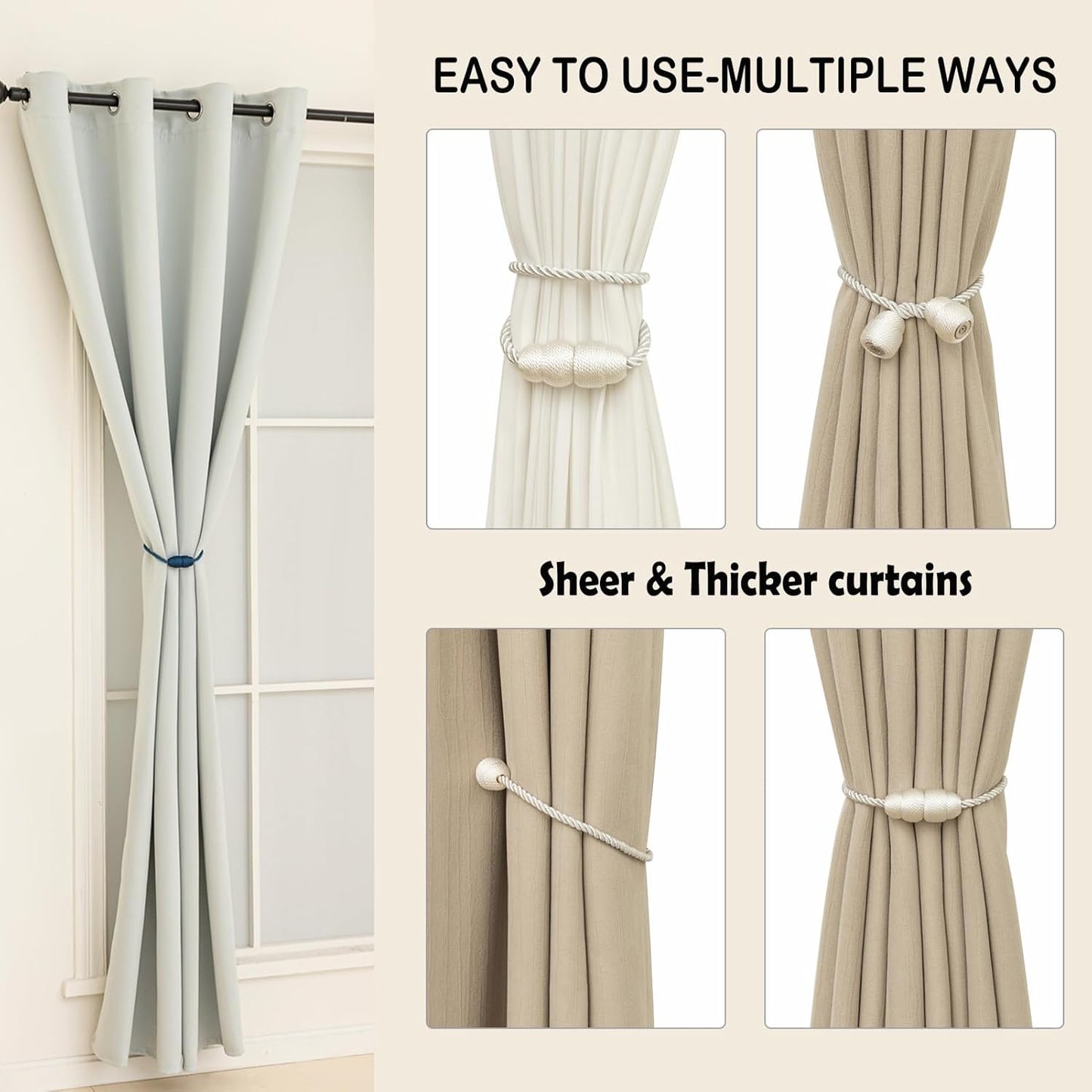 Magnetic Curtain Tiebacks - Rope Tie Backs for Curtains & Drapes - Decorative Window Holdbacks (6 Pack, White)