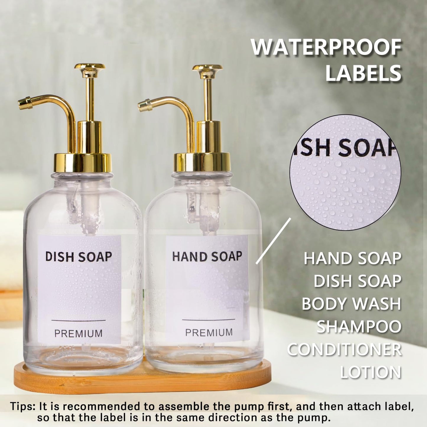 12oz Dish Soap Dispenser for Kitchen, Hand Glass Soap Dispenser Set with Pump, Tray, Funnel for Bathroom, Shower, Laundry, Liquid, Lotion (Gold 2 Pack Clear Bottles with 12 Stickers)