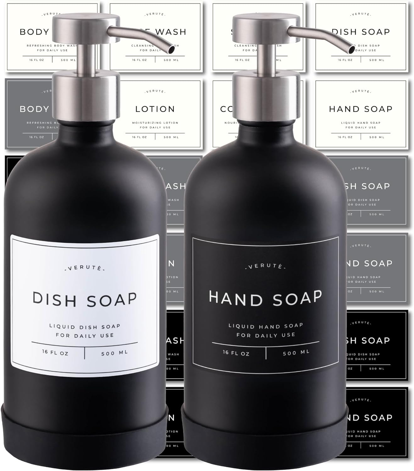 16oz Glass Soap Dispenser with Stainless Steel Pump, 21 Waterproof Labels, Non-Slip Protective Silicone Pad, Set of 2 for Bathroom & Kitchen (Matte Black Bottle/Brushed Silver Pump)