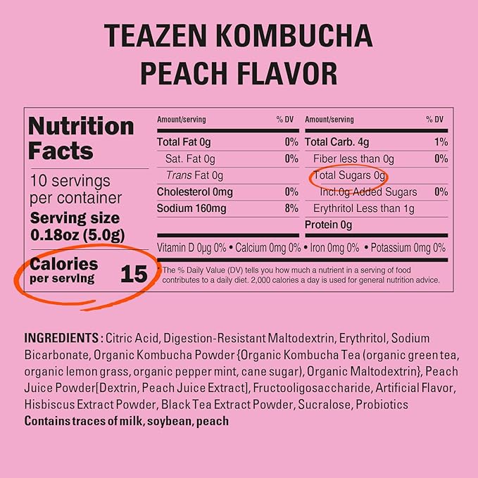 TEAZEN Peach Kombucha Tea, Hydration Drink Mix, Sugar Free, Live Probiotics & Prebiotics, 10 Sticks, 1.76oz