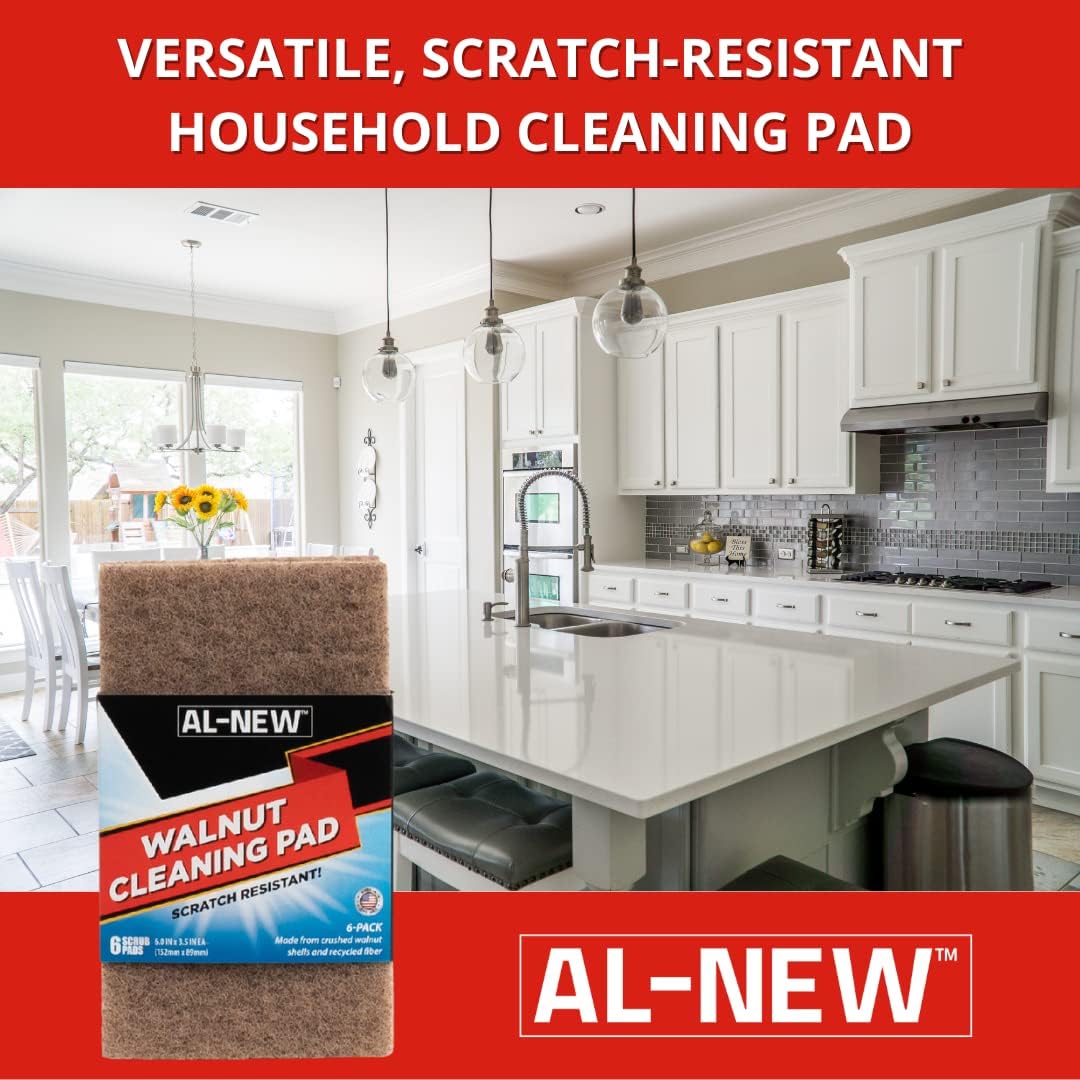 AL-NEW Walnut Cleaning Pads | Versatile, Scratch Resistant Household Cleaning & Scouring Pads for Kitchen Cleaning, Dishes, Pots, Pans & More (6 Pack)