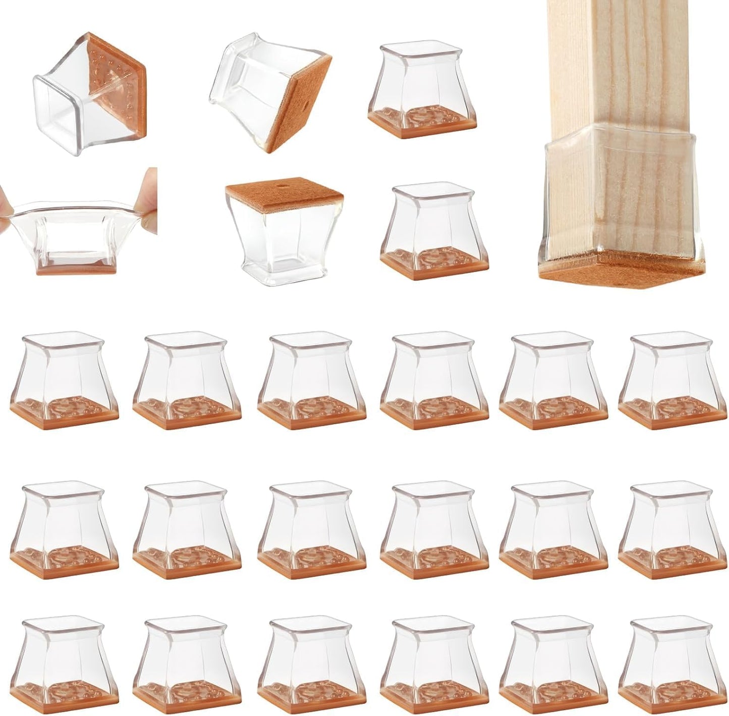 CHUNZEXI 32 Pack Square Chair Leg Floor Protectors for Hardwood Floors, Silicone Felt Covers Pads Caps, Protect Wood Furniture Feet Floors Noise Reduce and Scratch (Square Small & Clear)