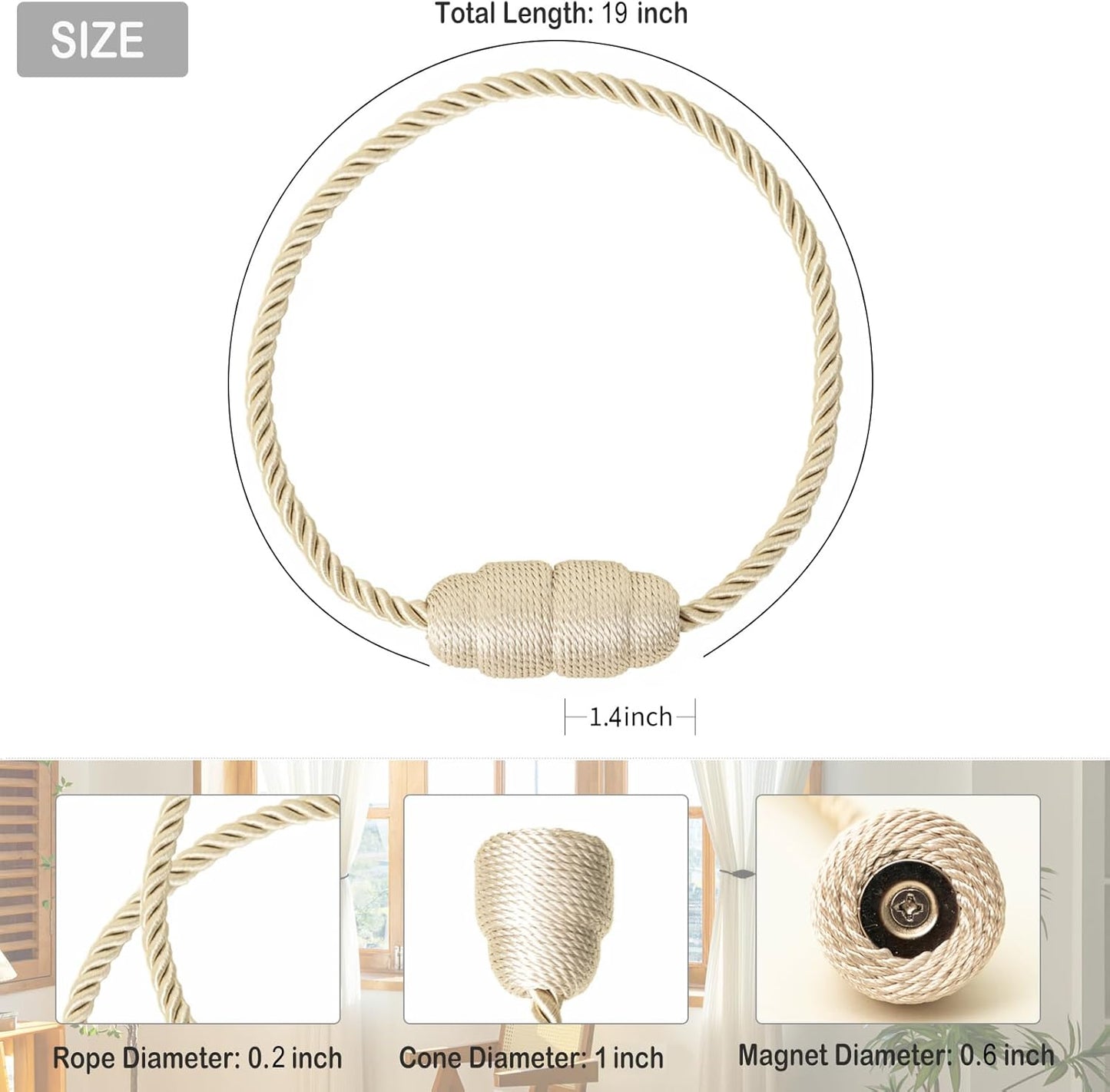 Magnetic Curtain Tiebacks - Rope Tiebacks for Curtains & Drapes, Decorative Window Holdbacks (6 Pack, Beige)