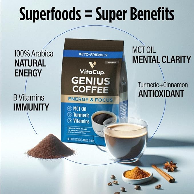 VitaCup Genius Ground Keto Coffee w/Turmeric, MCT Oil, B Vitamins, D3, Ground Coffee Medium Dark Roast, Bold & Smooth, 100% Arabica Coffee Grounds, 6 bags, 11oz each