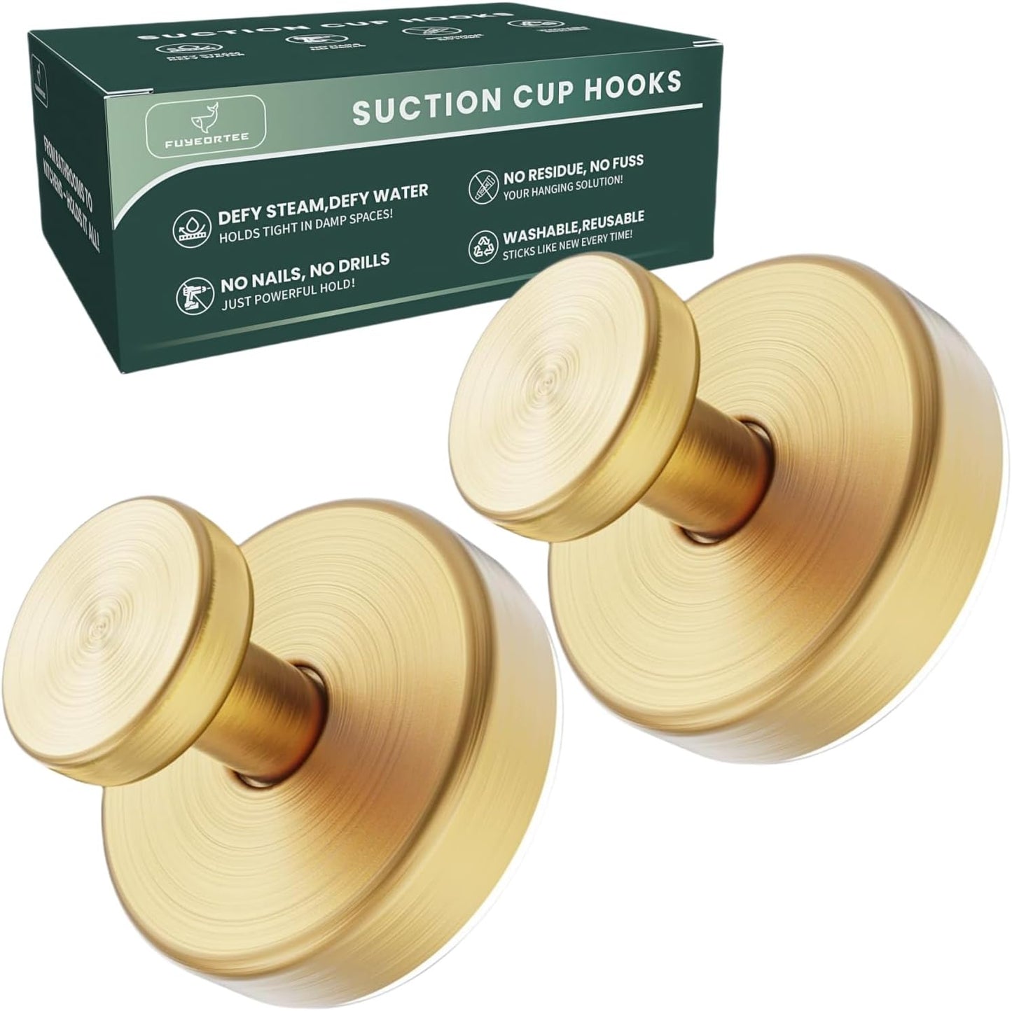 2025 Upgraded Stainless Steel Heavy Duty Suction Cup Hooks for Shower Bathroom Accessories Removable Hook for Glass Window Door Wall Hooks for Hanging Towels Robes Wreaths (Pack of 2, Gold)