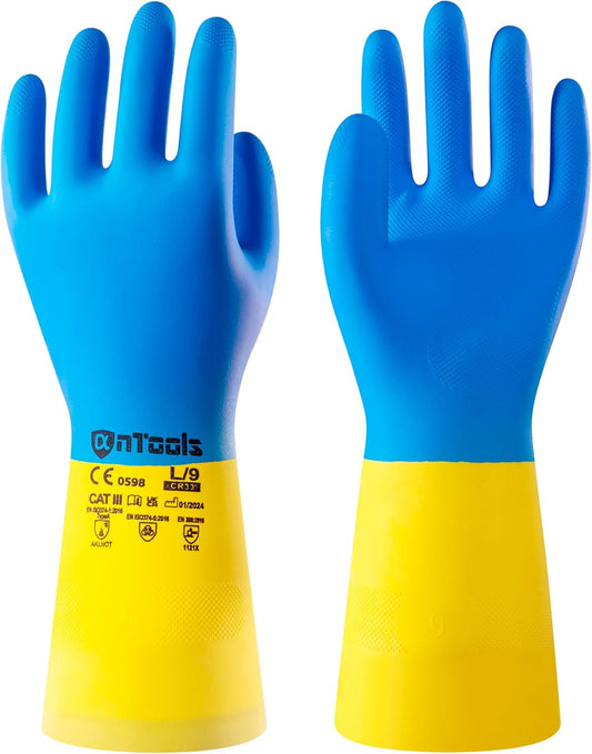 2 Pairs Neoprene and Rubber Blend Heavy-Duty Chemical Gloves, Protective industrial gloves for Resist Acid, Alkali, Hazmat, cleaning, dishwashing, Medium