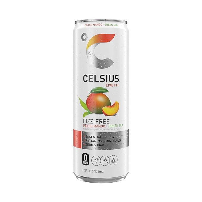 CELSIUS Peach Mango Green Tea, Functional Essential Energy Drink 12 Fl Oz (Pack of 12)